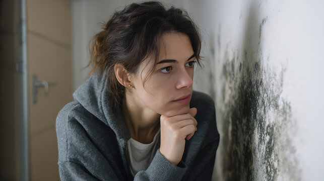 Concerned woman observes mold growth on wall, reflecting on home damage, health risks, and property maintenance issues from water intrusion