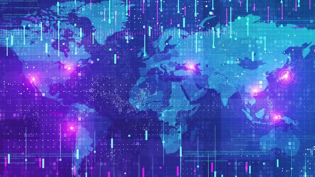 Digital world map with data stream visualization and network connection points.