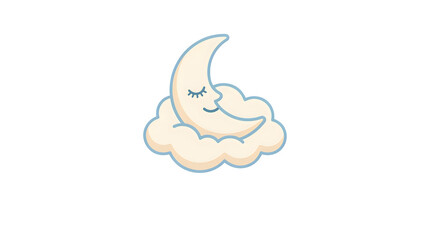 Fototapeta premium Cute cartoon smiling crescent moon sleeping on soft white cloud transparent background