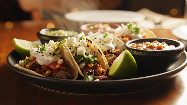 Delectable street-style tacos, generously filled with savory meats and fresh vegetables, are artistically arranged on a dark plate with vibrant guacamole and zesty salsa, inviting diners