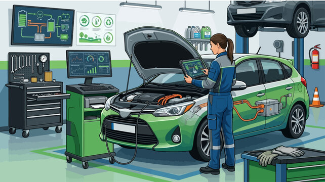 Mechanic inspecting green car engine in garage