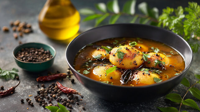 Delicious south indian rasam vada served in a black bowl with spices