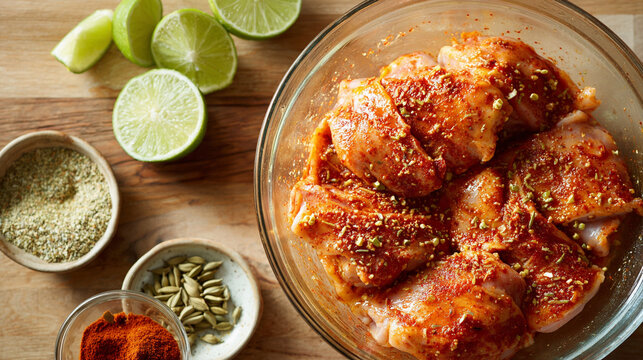 Raw chicken thighs marinated with spices in a glass bowl with lime wedges