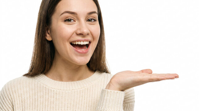 Delighted young woman with a radiant smile and open hand, presenting an unseen concept with genuine excitement, isolated on a clean white background