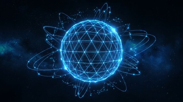 Blue glowing digital sphere network in dark outer space