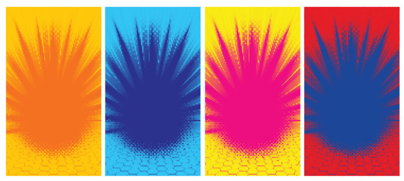 Four vertical vector background templates with radial halftone starburst dot patterns.