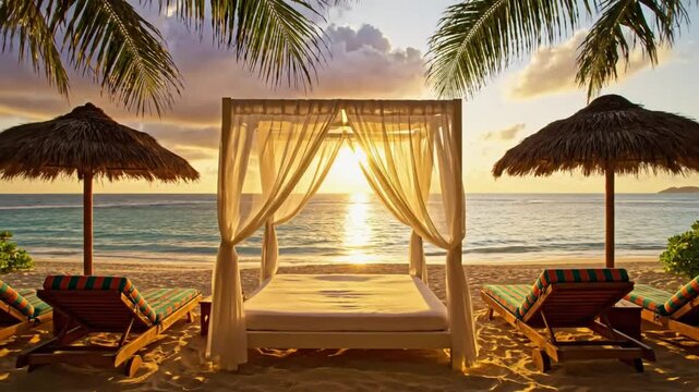 Luxurious beachfront canopy bed and sun loungers overlooking the calm ocean at sunset, capturing a tropical paradise.