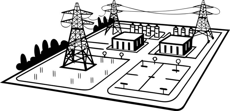 Monochrome schematic layout of an electrical power transmission substation