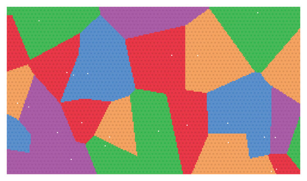Voronoi tessellation pattern with colorful polygons and dotted texture overlay surface.