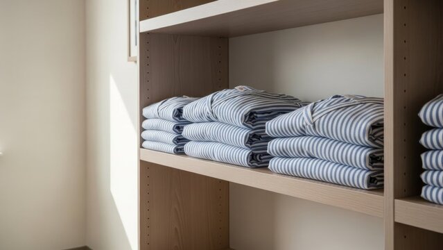 Neatly Folded Striped Clothing on a Shelf