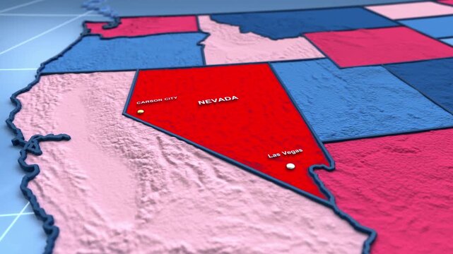Looped 3D election map animation of the United States zooming into Nevada state, featuring red, blue, purple and green political outcome variations.