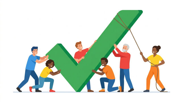 Diverse group of people working together to lift a large green checkmark symbol.