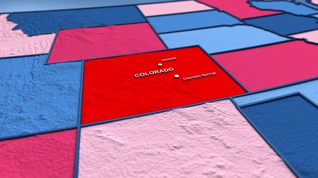 Looped 3D election map animation of the United States zooming into Colorado state, featuring red, blue, purple and green political outcome variations.
