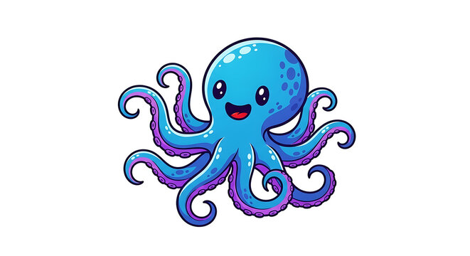 Blue cartoon octopus with purple tentacles and red eyes