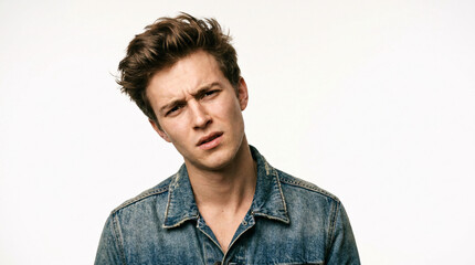 Fototapeta premium Young Caucasian man with a puzzled and questioning expression, looking directly at the camera against a clean white background, conveying uncertainty and doubt