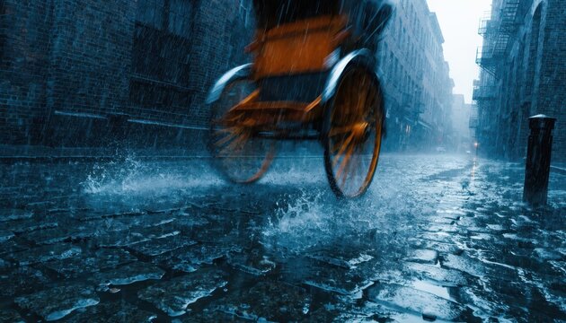 Motion Blurred Rickshaw Wheels Spin Against a Cobblestone Alley During Heavy Rain