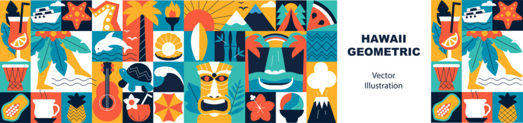 Hawaii Typography Seamless Pattern and Banner with Tropical Symbols, Geometric Travel Icons, Aloha Background © Olesia