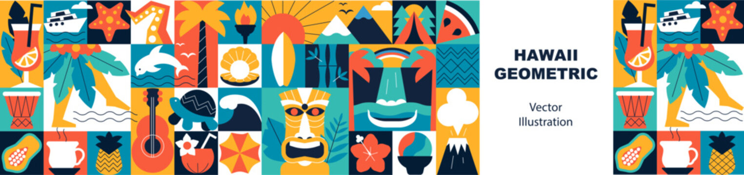 Hawaii Typography Seamless Pattern and Banner with Tropical Symbols, Geometric Travel Icons, Aloha Background