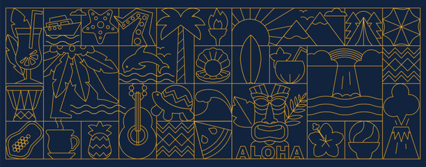 Hawaii Art Deco Banner and Geometric Pattern with Tropical Symbols, Aloha Culture Vector Background © Olesia