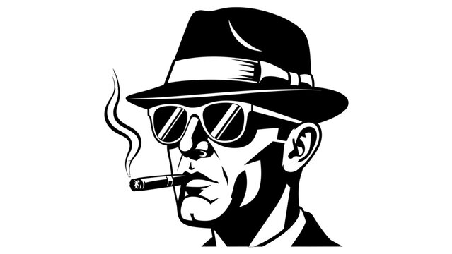Black and white illustration of a man smoking a cigar.