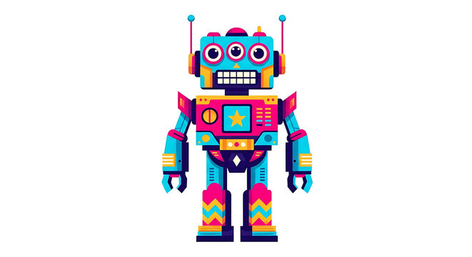 Cartoon-style of a cheerful robot with colorful geometric blocks and mechanical joints