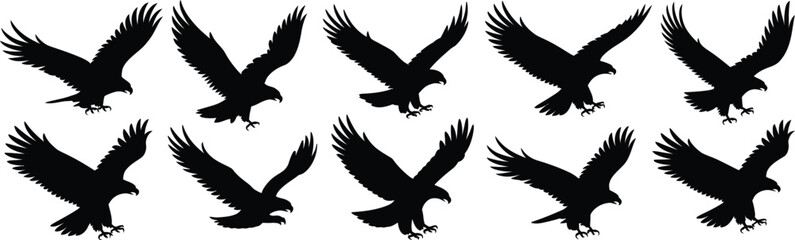 Naklejka premium Set of Ten Black Eagle Silhouettes in Various Flight and Landing Poses, Stylized Vector Icons Representing Strength and Freedom