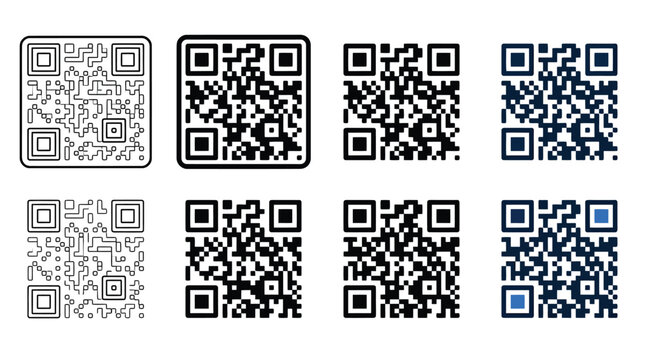 Various QR codes on white background for technology and scanning concepts
