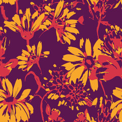 Fototapeta premium Abstract floral seamless repeat pattern with yellow flowers on a purple background seamless botanical artistic wallpaper background