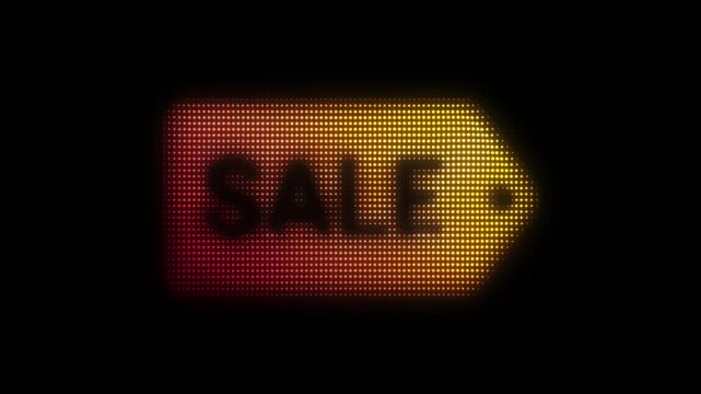 Orange Sale Tag Particle Animation on Dark Background, Glowing Dot Grid Vertical Scanning Animation Motion Graphics Seamless Loop, 4K