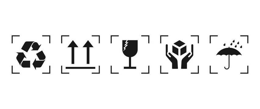 Recycling, Fragile, Keep dry, Upward, Handle with care vector symbol.