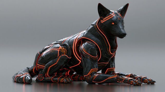 Robotic wolf with orange neon lines and black armor lying down on gray background