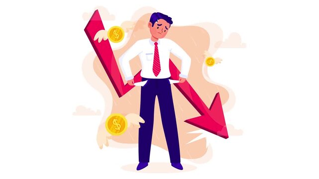 A man turns out the empty pockets of his pants, and the last few coins fall out. A cartoon-style animation about bankruptcy in flat vector art style