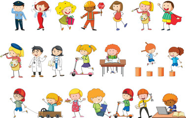Fototapeta premium Colorful vector illustration featuring diverse children performing various professional and fun daily life activity roles