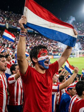 Enthusiastic Paraguay football fan with face paint cheering and holding national flag in a crowded stadium