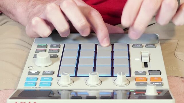 Music producer hands tapping drum pads hardware sampler making hip hop beats electronic music production sequencing audio finger drumming workstation