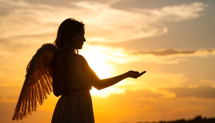 Fototapeta premium Silhouette of angelic figure at sunset with amber light, fantasy concept