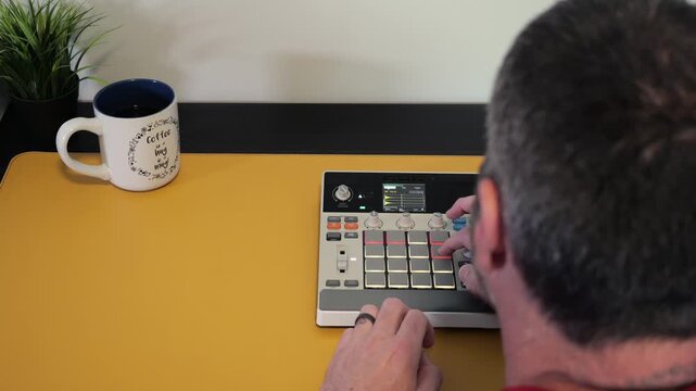 Music producer hands tapping drum pads hardware sampler making hip hop beats electronic music production sequencing audio finger drumming workstation