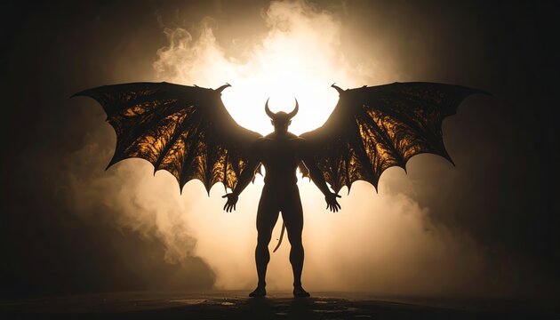 Dramatic silhouette of a winged demon creature standing against a smoky backdrop