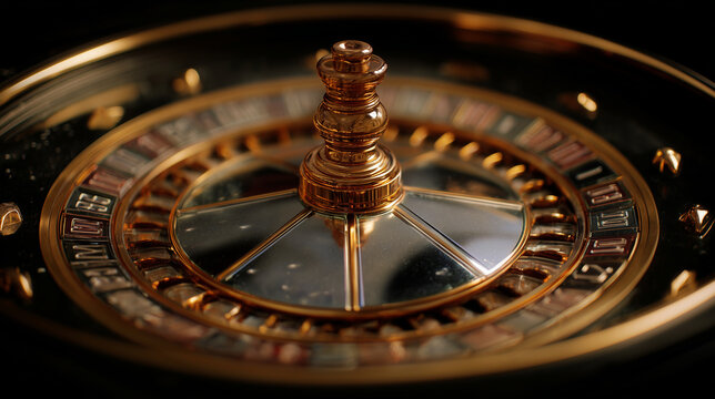 Close-up of roulette wheel spindle and hub in dramatic low-key lighting with warm metallic highlights