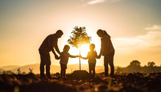 Silhouette of a family planting a tree together at sunset fostering growth