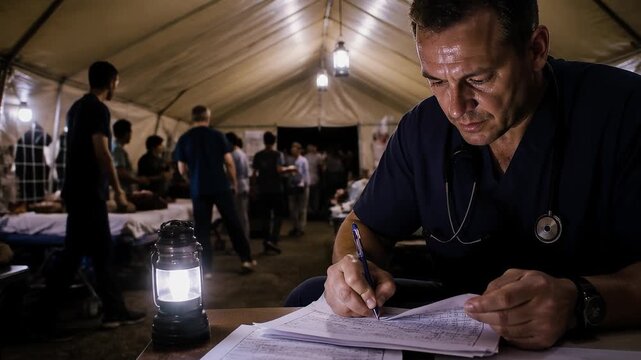Doctor diligently works on patient records inside a dimly lit medical tent, with medical staff and patients in the background, conveying dedication and care in challenging conditions.