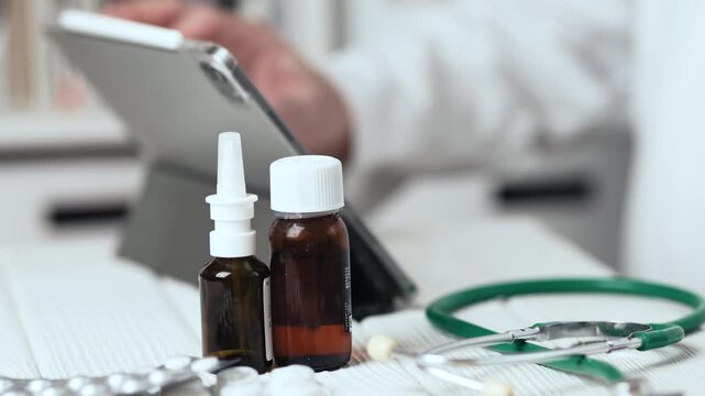 Doctor Typing on Tablet and Filling Digital Medical Record in Hospital Clinic with Focus on Pills