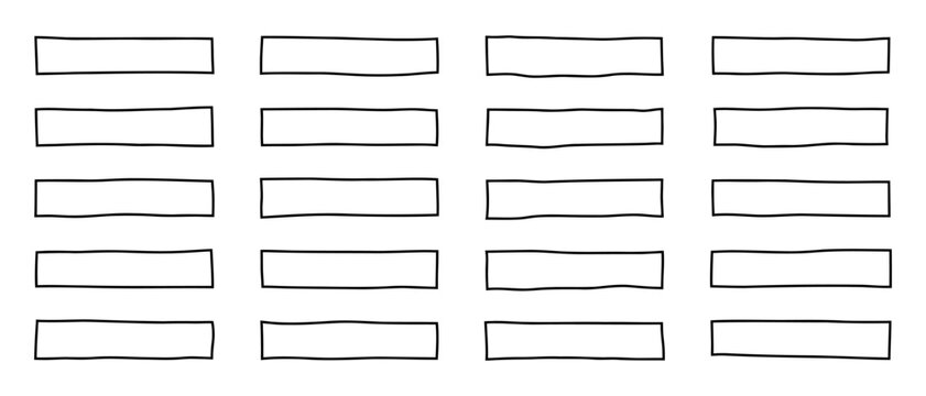 Horizontal contour narrow rectangular frames,  hand drawn with thin black marker. Vector blank template, text boxes set, chart and table layout with 5 rows and 4 columns isolated on white background.