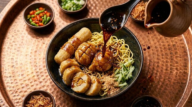 Pempek Fish Cake Palembang &mdash; Palembang pempek fish cake in cuko vinegar sauce overhead