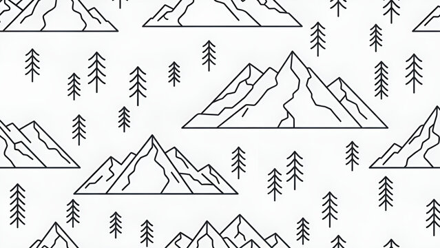 Minimalist mountain landscape with pine trees in simple line art style on white background