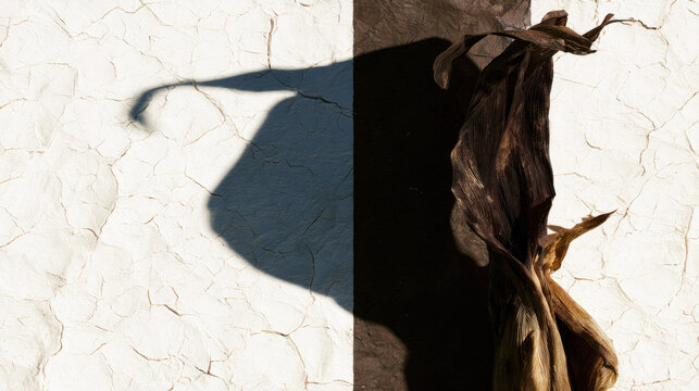 Drought cracked earth corn shadow split screen contrast dry leaf texture environmental impact concept sunlight ground