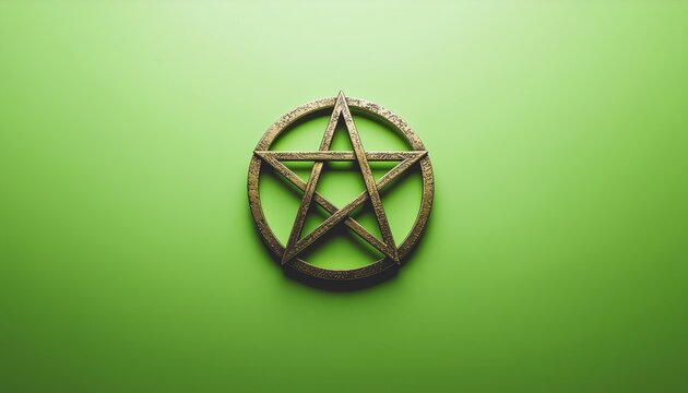Mystical bronze pentacle emblem cast against a vibrant apple green background