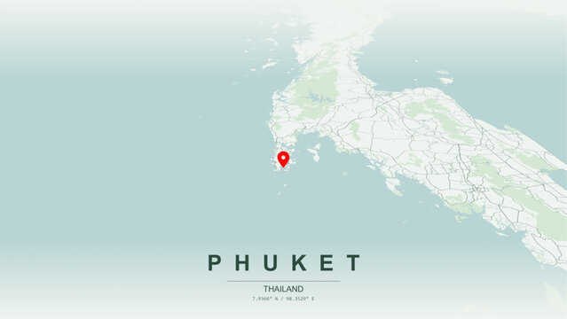 Modern minimalist vector map of Phuket, Thailand. High-quality scalable illustration of Phuket island grid, Patong and Kata beach waterfront axis, Phang Nga Bay coastline for posters design.