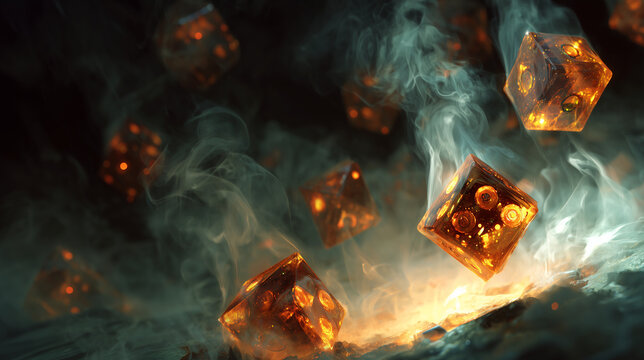 Amber translucent six-sided dice suspended above glowing embers with teal smoke and cinematic rim lighting
