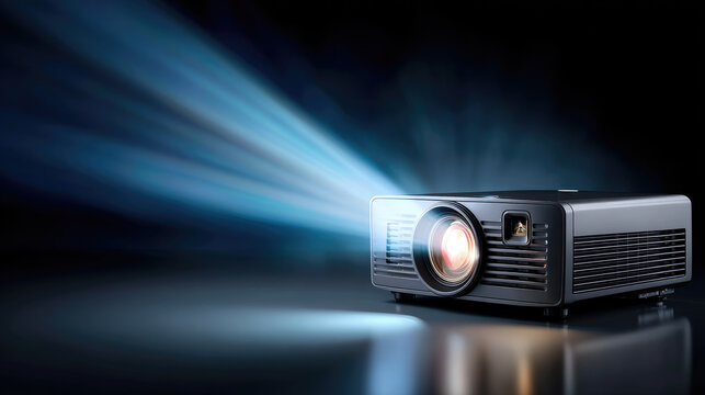Compact multimedia projector emitting powerful light rays against a smoky backdrop, symbolizing cutting edge display technology providing a versatile and engaging viewing experience